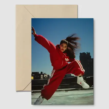 Red Adidas Tracksuit Girl Jumping City Rooftop