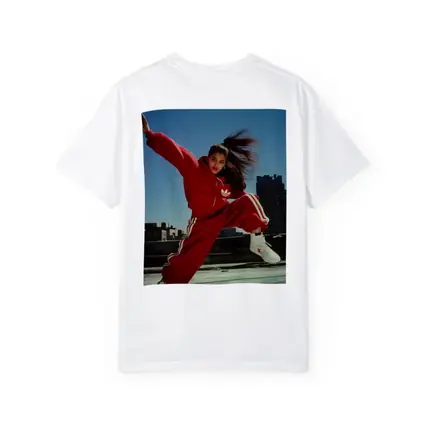 Red Adidas Tracksuit Girl Jumping City Rooftop