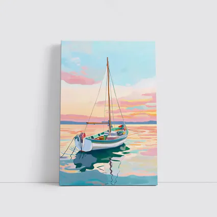 Sailboat Moored At Pastel Sunset Sea