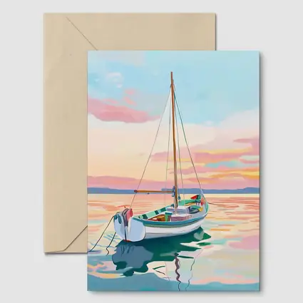 Sailboat Moored At Pastel Sunset Sea