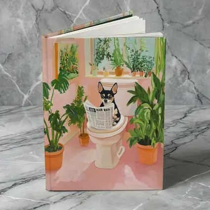 Chihuahua Reading Newspaper Pink Bathroom Plants