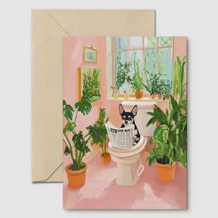 Chihuahua Reading Newspaper Pink Bathroom Plants