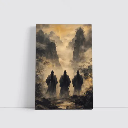 Three Scholars Walking Through Misty Mountains