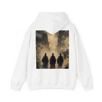 Three Scholars Walking Through Misty Mountains