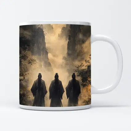 Three Scholars Walking Through Misty Mountains
