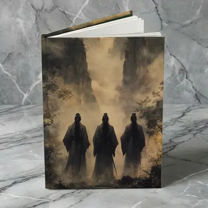 Three Scholars Walking Through Misty Mountains