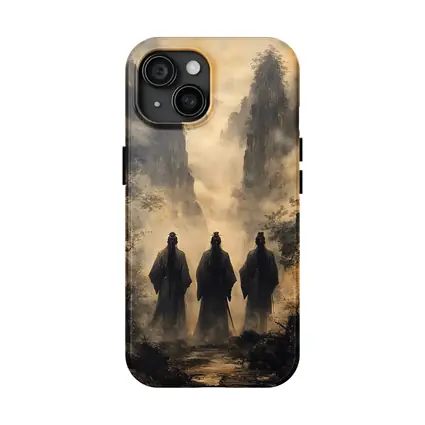 Three Scholars Walking Through Misty Mountains