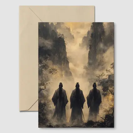 Three Scholars Walking Through Misty Mountains