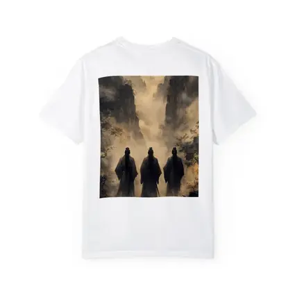 Three Scholars Walking Through Misty Mountains