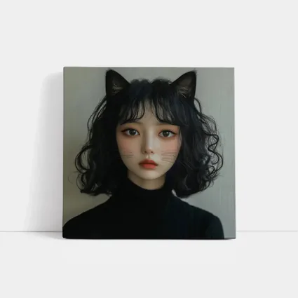 Cat Girl Portrait Dark Curly Hair