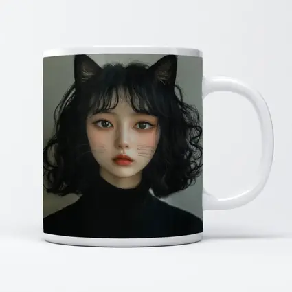 Cat Girl Portrait Dark Curly Hair
