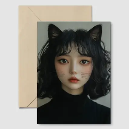 Cat Girl Portrait Dark Curly Hair