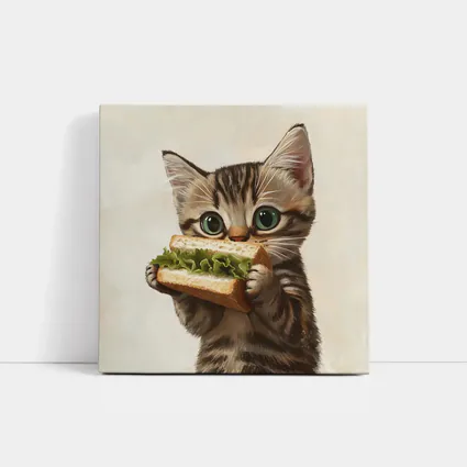 Tabby Kitten Eating Sandwich Beige Background