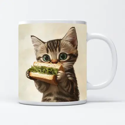 Tabby Kitten Eating Sandwich Beige Background