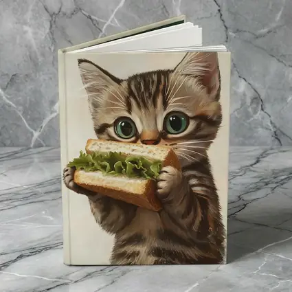 Tabby Kitten Eating Sandwich Beige Background