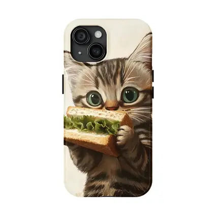 Tabby Kitten Eating Sandwich Beige Background