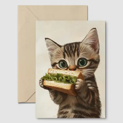 Tabby Kitten Eating Sandwich Beige Background