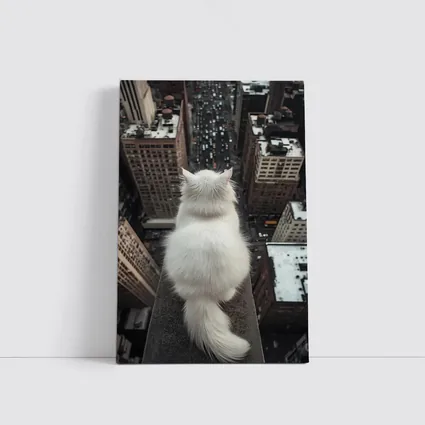 White Cat Overlooking City Skyline Rooftop
