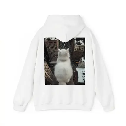 White Cat Overlooking City Skyline Rooftop
