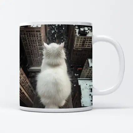 White Cat Overlooking City Skyline Rooftop
