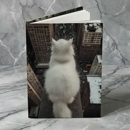 White Cat Overlooking City Skyline Rooftop