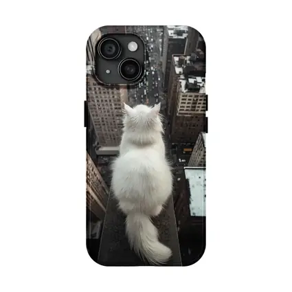 White Cat Overlooking City Skyline Rooftop