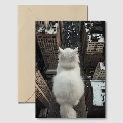 White Cat Overlooking City Skyline Rooftop