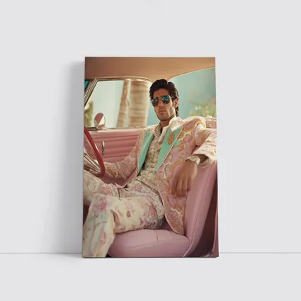 Stylish Man Floral Suit Pink Classic Car