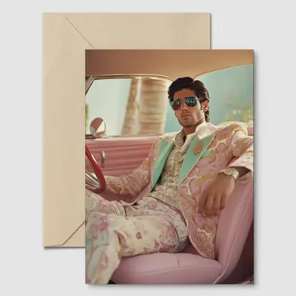 Stylish Man Floral Suit Pink Classic Car