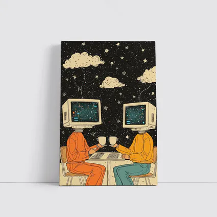 Computer Head Couple Sharing Coffee Starry Night