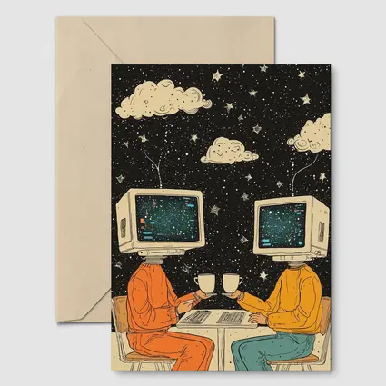Computer Head Couple Sharing Coffee Starry Night