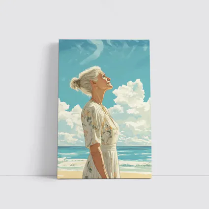 Older Woman at Beach Looking Up Sky