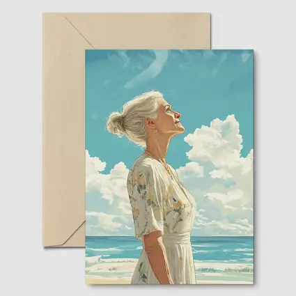 Older Woman at Beach Looking Up Sky