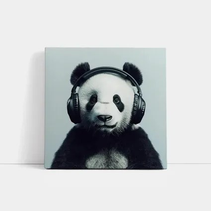 Panda Bear Wearing Headphones Gray Background