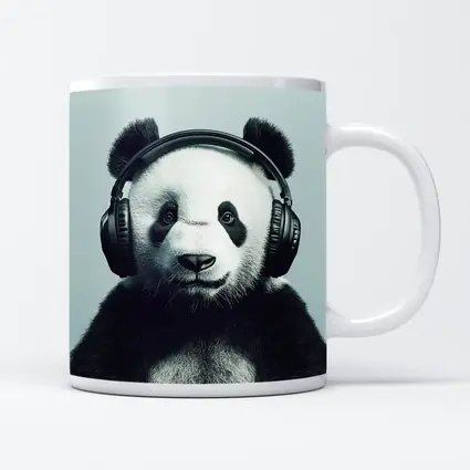 Panda Bear Wearing Headphones Gray Background