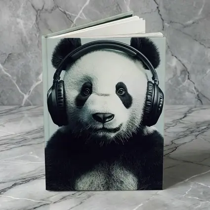 Panda Bear Wearing Headphones Gray Background