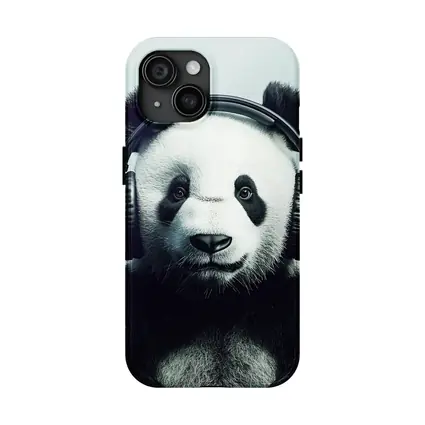 Panda Bear Wearing Headphones Gray Background