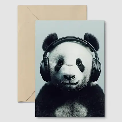 Panda Bear Wearing Headphones Gray Background