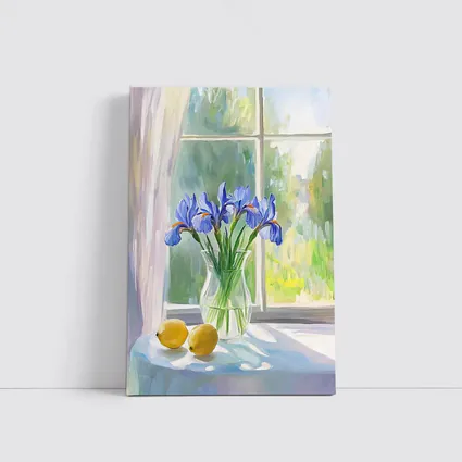 Blue Iris Flowers Vase Window Oil Painting