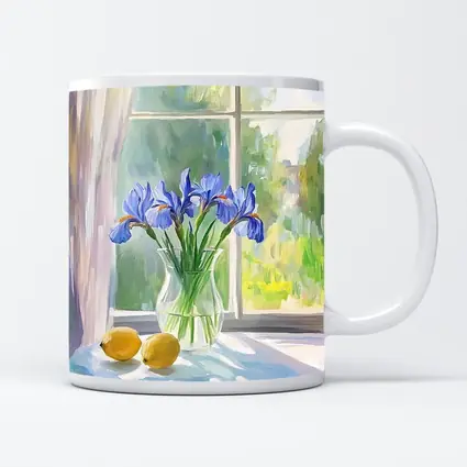 Blue Iris Flowers Vase Window Oil Painting