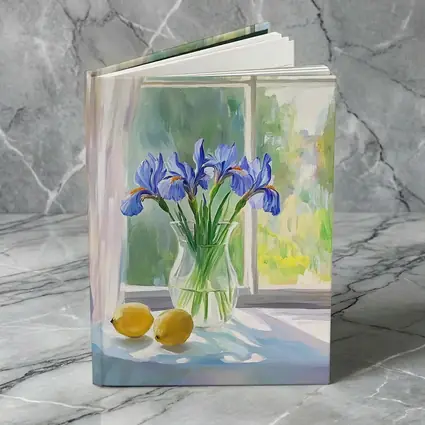 Blue Iris Flowers Vase Window Oil Painting