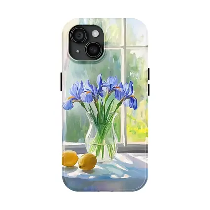 Blue Iris Flowers Vase Window Oil Painting