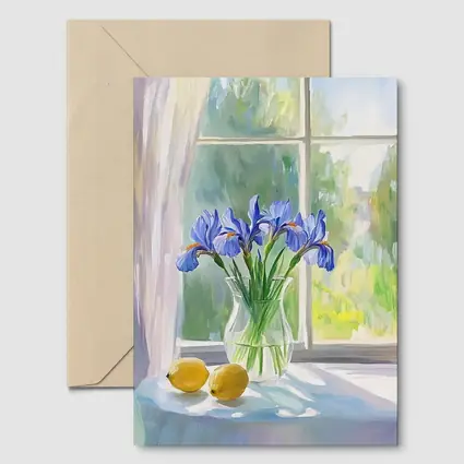 Blue Iris Flowers Vase Window Oil Painting