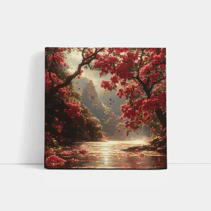 Red Flowers River Ancient Temple Fantasy