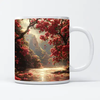 Red Flowers River Ancient Temple Fantasy
