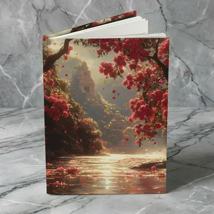 Red Flowers River Ancient Temple Fantasy