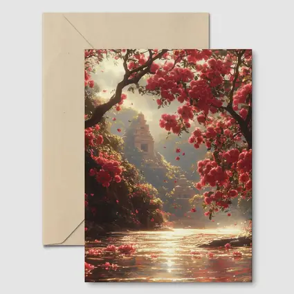 Red Flowers River Ancient Temple Fantasy