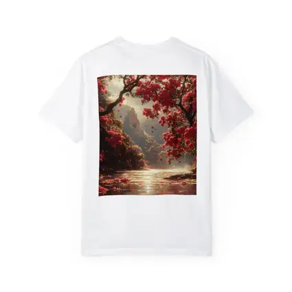Red Flowers River Ancient Temple Fantasy