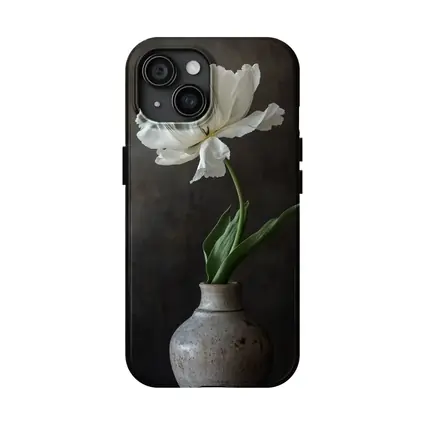 White Tulip In Rustic Ceramic Vase Dark