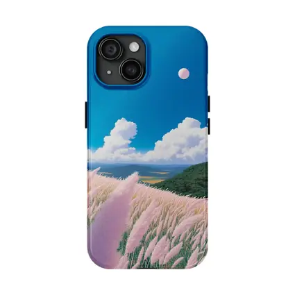 Anime Pink Grass Field Blue Sky